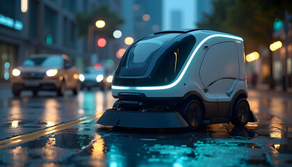 Autonomous street cleaning robot on a rainy city street with bokeh lights at night