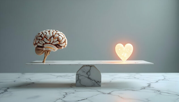 Balancing act between the human brain and the glowing heart on seesaw concept