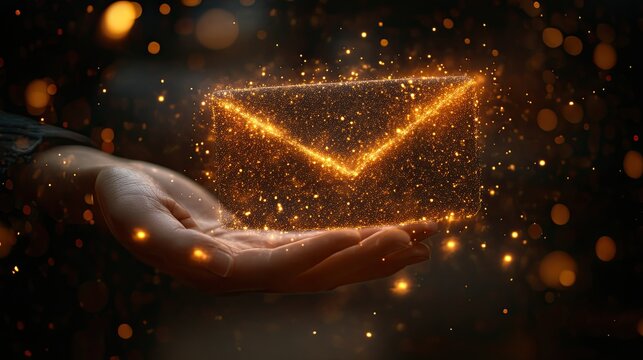 Hand holding digital email icon with lightning bolts symbolizing fast email delivery, communication, and digital marketing