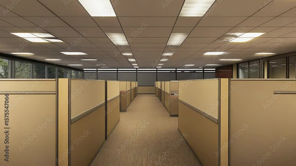 Poster empty office cubicles with beige partitions and recessed lighting