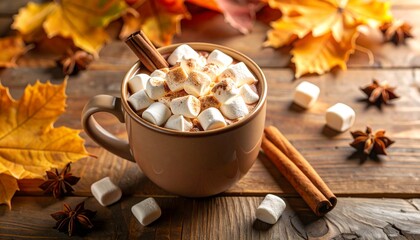 Rustic hot chocolate with marshmallows and cozy fall elements, a soothing concept warm autmun beverage showcase