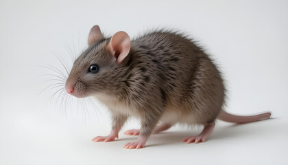 A single rat on a white background. Small rodent with gray fur, long tail, and alert eyes. Ideal for science, pest control, wildlife, or educational content.