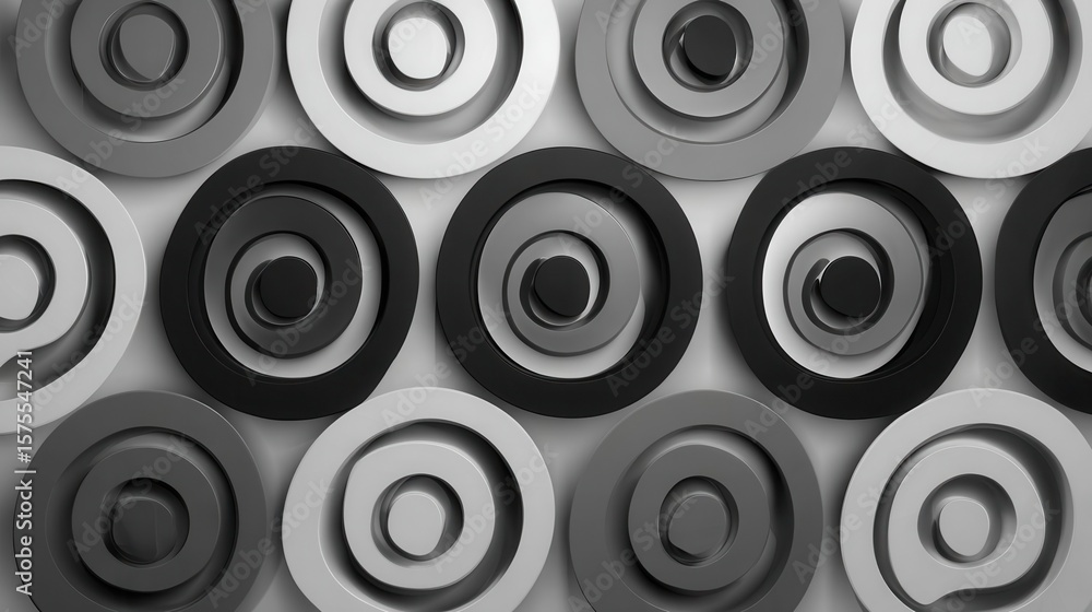 Poster abstract pattern of concentric circles in grayscale.