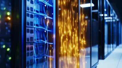 Futuristic server room with data streams and digital information flow for cloud computing - Powered by Adobe