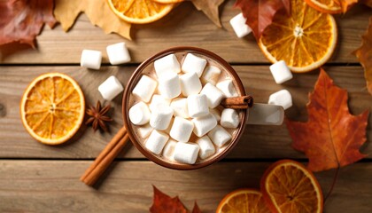 Warm-toned hot chocolate with marshmallows and autumn spices, a comforting concept seasonal drink styling