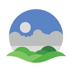 Simple Landscape Illustration with Hills Sky Clouds and Moon Icon