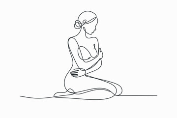Elegant Continuous Line Drawing of a Woman Kneeling Embracing Herself with Grace and Serenity Isolated on a Clean White Background for a Minimalist Aesthetic