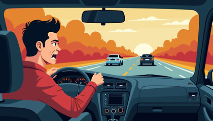 Angry driver expressing frustration in traffic, road rage concept
