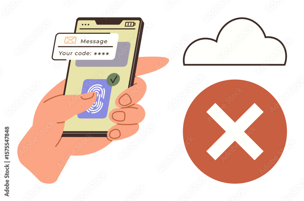 Poster hand holding a smartphone with fingerprint scanning and one-time password authentication, crossed cl