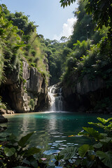 Tropical Waterfall Cascading into a Clear Pool Surrounded by Lush Foliage