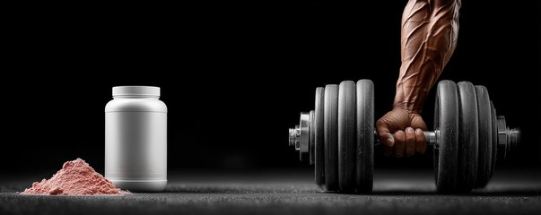 Image of a white whey protein can next to a bodybuilder's arm