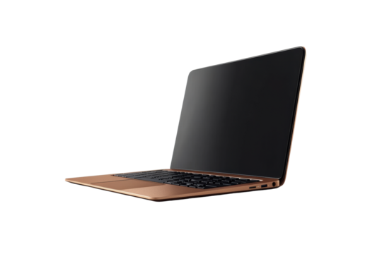 Modern rose gold laptop open on white background
