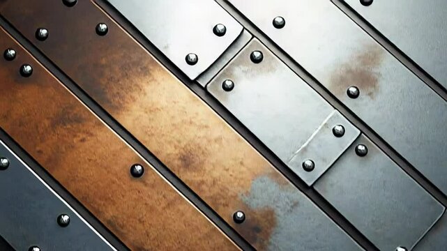 Rusty and weathered metal plates forming a diagonal pattern with rivets