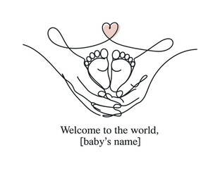 Minimalist Line Art Illustration of Hands Holding Baby Feet with a Heart Symbolizing Love and New Beginnings Perfect for Baby Announcements and Nursery Decor