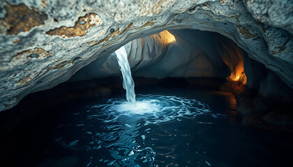 Waterfall cascading into a dark pool inside a cave