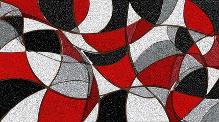Abstract design with vibrant red, black, and white shapes.
