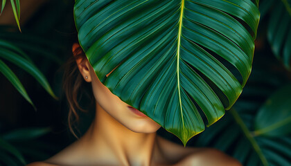 Woman partially obscured by a vibrant green Monstera leaf