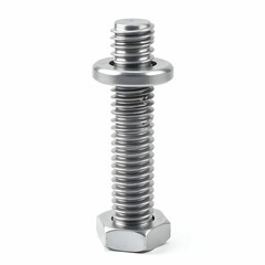 Big power bolt assembly with a washer and a nut stands on a head isolated on a white background