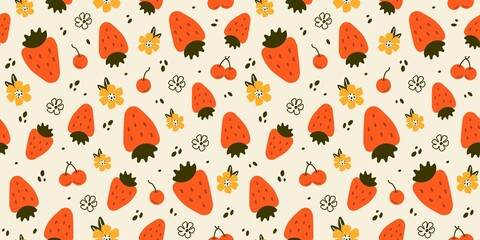 seamless pattern of red strawberries with green leaves, a cute flower, dots on a pink background. for print, paper, background, banner, business ideas. art trend cute illustration.
