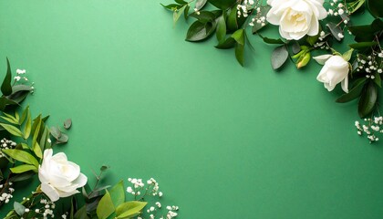 White Flowers & Leaves  Decoration on Green Background