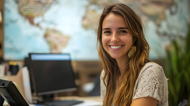 Smiling woman travel agent at modern work