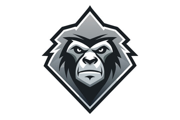 A monochrome gorilla face looks intense, framed within a geometric diamond shape, conveying power