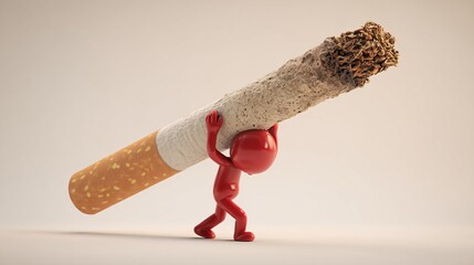 Red Figure Carrying a Giant Cigarette, Burden of Addiction Concept