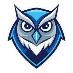 Stylized blue owl head features a bold outline, with menacing eyes and sharp accents