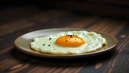 A sunny side up egg on a brown plate with black pepper