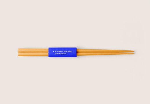 Chopsticks Mockup &ndash; Minimal Top View with Blue Sleeve on Light Background for Branding Presentation