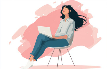 Photo of a happy woman sitting on a chair with a MacBook, transparent background, 