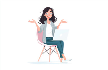 Photo of a happy woman sitting on a chair with a MacBook, transparent background, 