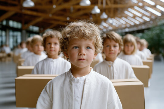 Conceptual illustration of children entering a factory and exiting as identical . A powerful metaphor for conformity, loss of individuality, and critique of the modern education system.