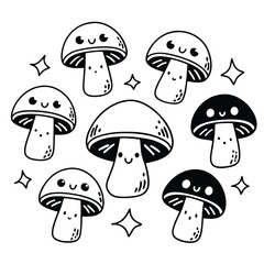 Kawaii mushrooms with happy faces and stars cute smiling
