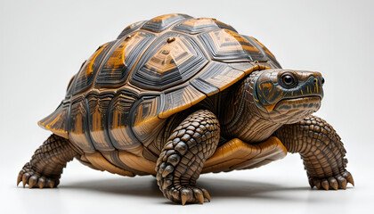 Obraz premium A single Sulcata tortoise on a white background. Large, textured shell and strong legs. Ideal for educational, wildlife, or pet-themed design and content use.