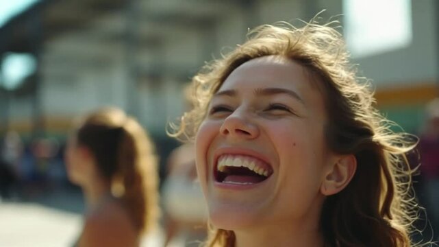 Laughing Woman Enjoying a Sunny Day Outdoors with Positive Emotion