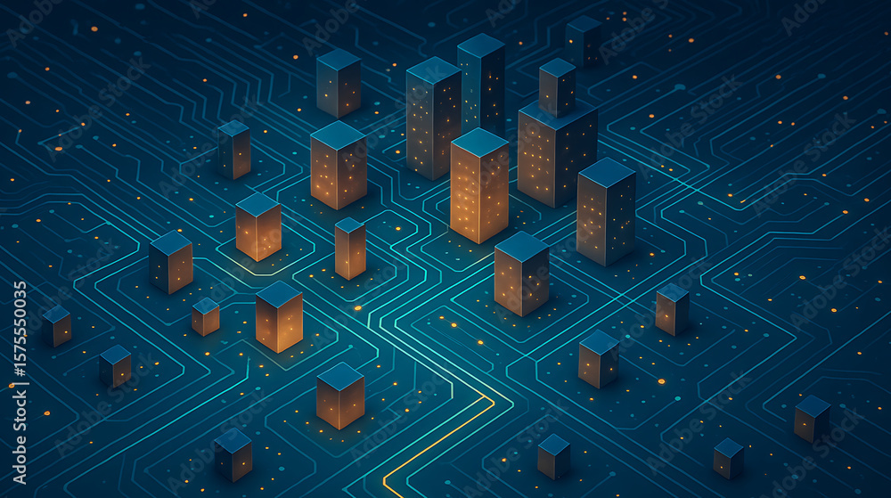 Poster glowing futuristic digital cityscape composed of illuminated circuit board lines and virtual buildin