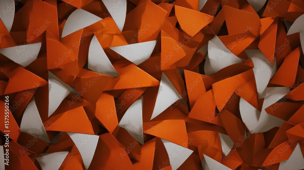 Poster abstract pattern of overlapping triangles in orange and white.