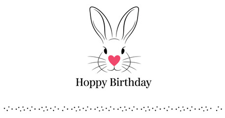 Adorable Hoppy Birthday Card Featuring a Cute Bunny with a Pink Heart Nose and a Border of Small Hearts on a White Background