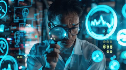 Man in lab coat examines glowing interface with magnifying glass in a futuristic setting at close range