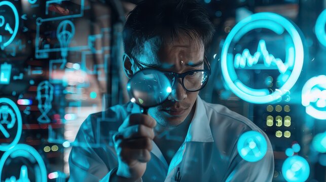 Man in lab coat examines glowing interface with magnifying glass in a futuristic setting at close range