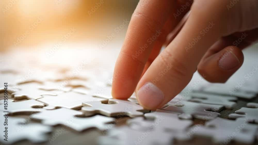 Poster a close-up of a hand placing a puzzle piece into a jigsaw puzzle on a table with a warm background.