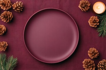 Elegant tabletop setting with pinecones and candle for a festive gathering