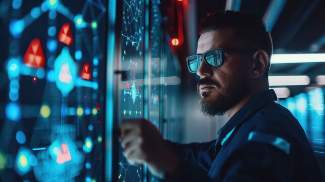 Man in glasses interacts with holographic display showing network and warning signs in a dark room