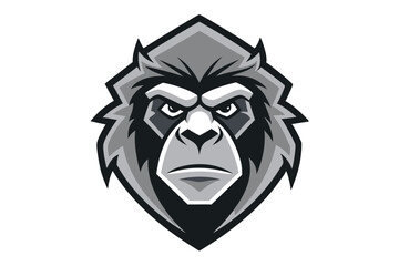 Monochrome gorilla head stares intensely with triangular frame and dark fur outline surrounding its face