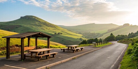 Scenic roadside picnic area with covered tables overlooking rolling green hills at sunrise