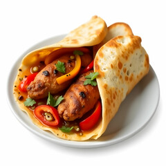 Chicken fajita, chicken fillet fried with bell pepper in lavash with bread slices isolated on white