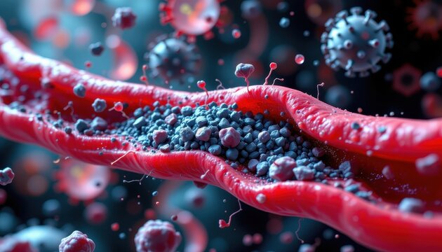 activated carbon adsorbing chemical toxins in blood vessels, protecting organs from damage, photorealistic microscopic detoxification scene.