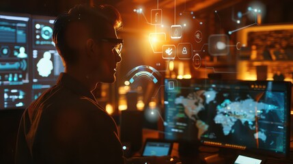 Man in glasses working at computer with glowing interface and world map on screen in dark environment
