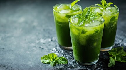 Iced matcha green tea with mint leaves in clear glass, refreshing drink concept for wellness, summer or beverage ad